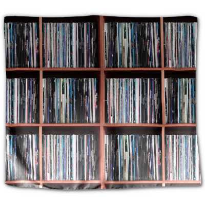 A fabric tapestry wall hanging, the tapestry has an image of a vinyl record display cabinet with vinyl record sleaves all lined up vertically, as found in a large record collection