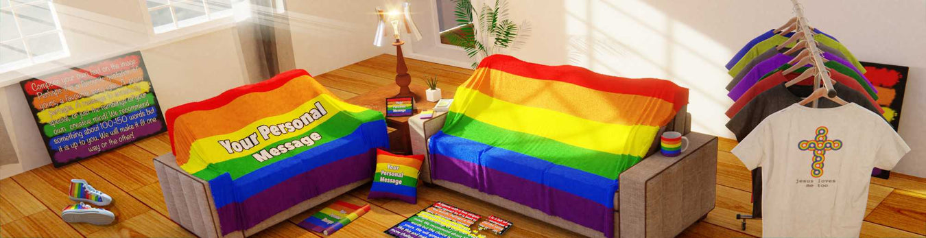 A living room decorated with multiple items coloured with pride rainbow colours, including blanket, tshirts, cushion, phone, jigsaw and wall art