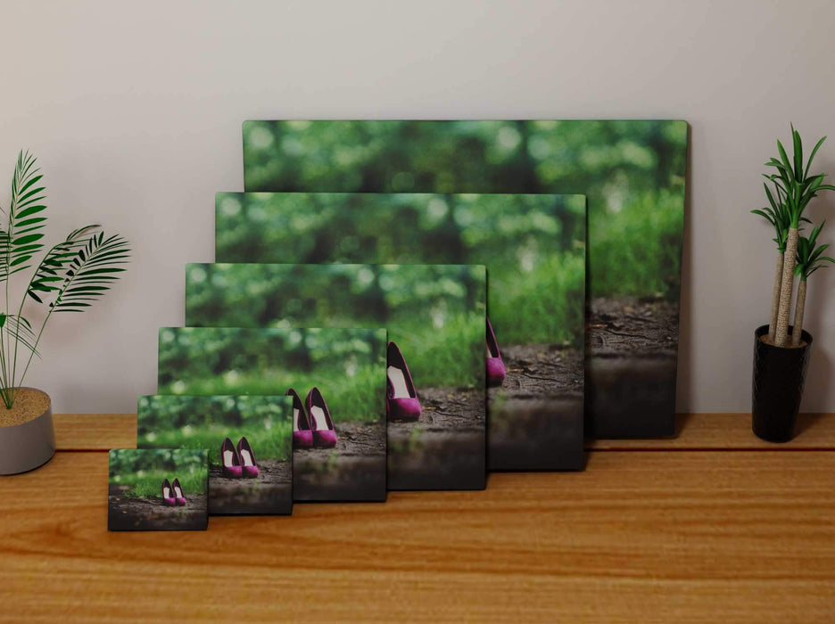Multiple canvas prints of differnet sizes, each canvas print showing  a pair of purple high heel shoes on a path within the woods, the canvas prints are all leaning against each other on a wooden floor