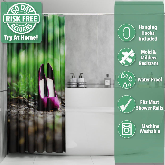image of a shower curtain adjacent to a bath, the curtain having an image of a pair of purple high heel shoes on a path in the woods, the curtain is pushed back and folded