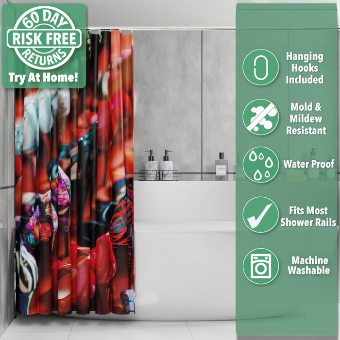 A shower curtain in a bathroom, the curtain having an images of lots of high heel shoes all arranged in rows, the curtain is pushed and folded back