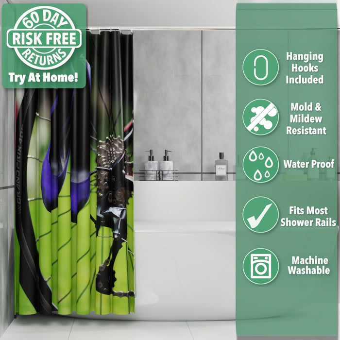 A shower curtain in a bathroom, the shower curtain having an image of a pair of purple high heel shoes hung on the spokes of a bicycle, the curtain is pushed and folded back towards the wall