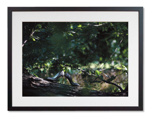 A framed print with a black frame, the print showing a pair of high heel shoes on the branch of a tree in a forest