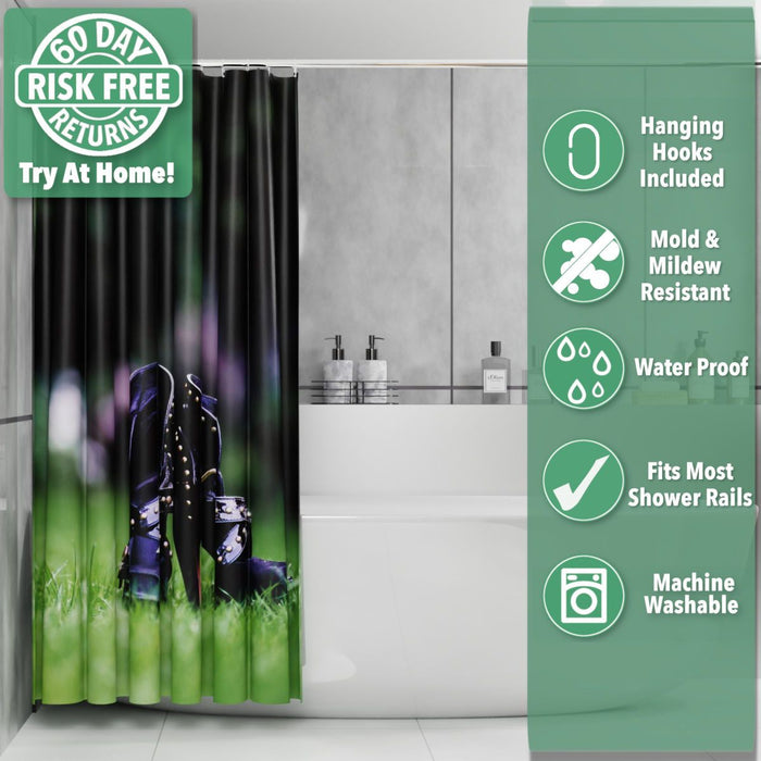 A shower curtain in a bathroom, the curtain having an image of a pair of purple high heel ankle boots sat on the grass of a lawn in a garden, the curtain is pushed back and folded