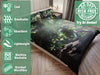 A duvet cover on a bed, the duvet showing image of a pair of shoes resting on the brach of a tree within a forest, there is also some overlay text describing the duvet 