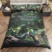 A duvet cover on a bed, the duvet showing image of a pair of shoes resting on the brach of a tree within a forest, along with a personal message on the duvet