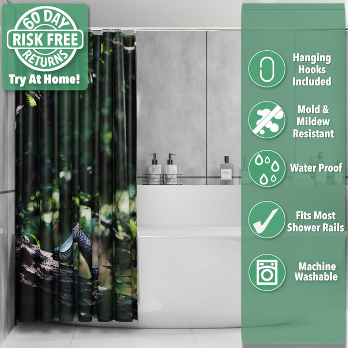a shower curtain in a bathroom, the curtain showing a pair of high heel shoes resting on a branch of a tree within a forest, the curtain is pulled and folded back