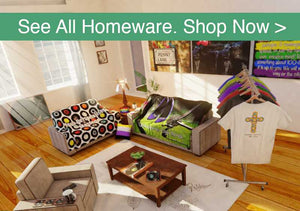 A living room containing lots of purchased items, such as blankets and wall art and Tshirts
