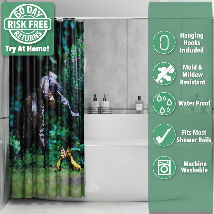 A shower curtain hanging in a bathroom, the curtain having an image of a silver ornament elephant next to a pair of yellow high heel shoes on grass in a garden, the curtain is pushed and folded back towards the wall