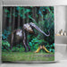 A shower curtain hanging in a bathroom, the curtain having an image of a silver ornament elephant next to a pair of yellow high heel shoes on grass in a garden
