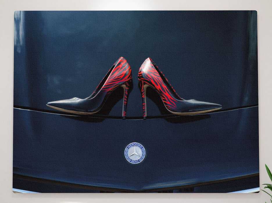 A canvas print of a pair of blue high heel shoes sitting on the bonet of a high powered card