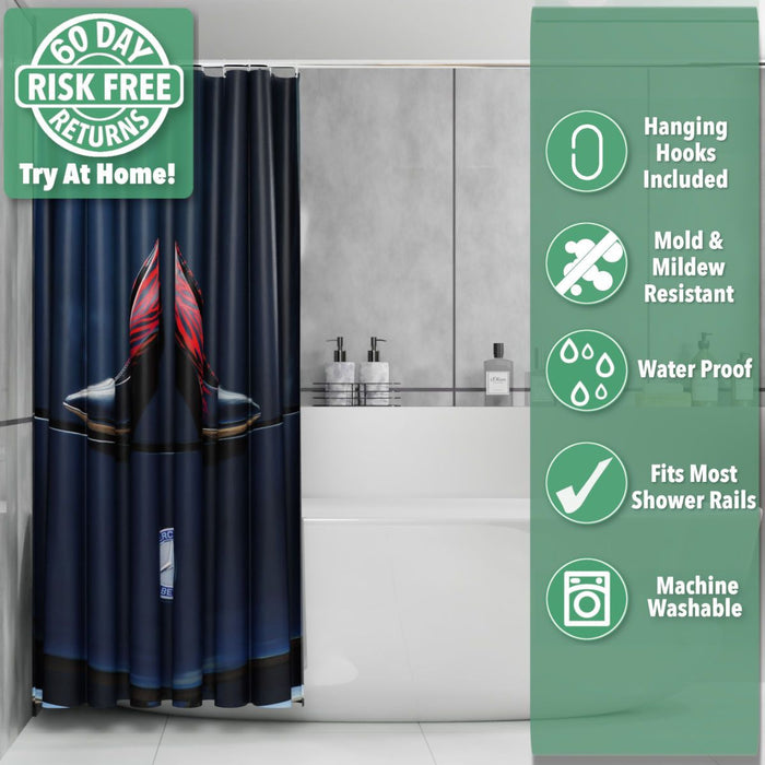 A shower curtain in a bathroom, the shower curtain having an image of a pair of purple and red high heel shoes resting on the bonet of a high performance car, seen from above, the curtain is pushed and folded back