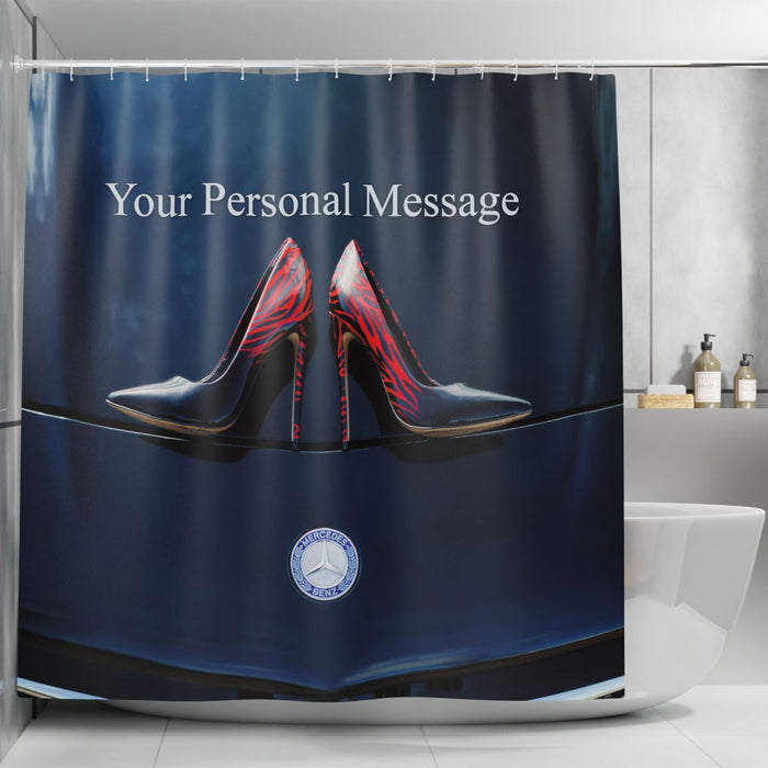 A shower curtain in a bathroom, the shower curtain having an image of a pair of purple and red high heel shoes resting on the bonet of a high performance car, seen from above, along with a printed personal message