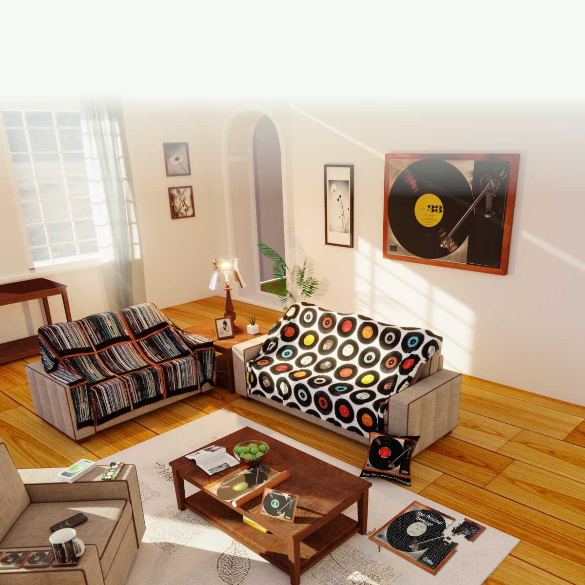 An image of a room full of homeware items, such as blankets and cushions, the items having music and vinyl record themed images on them