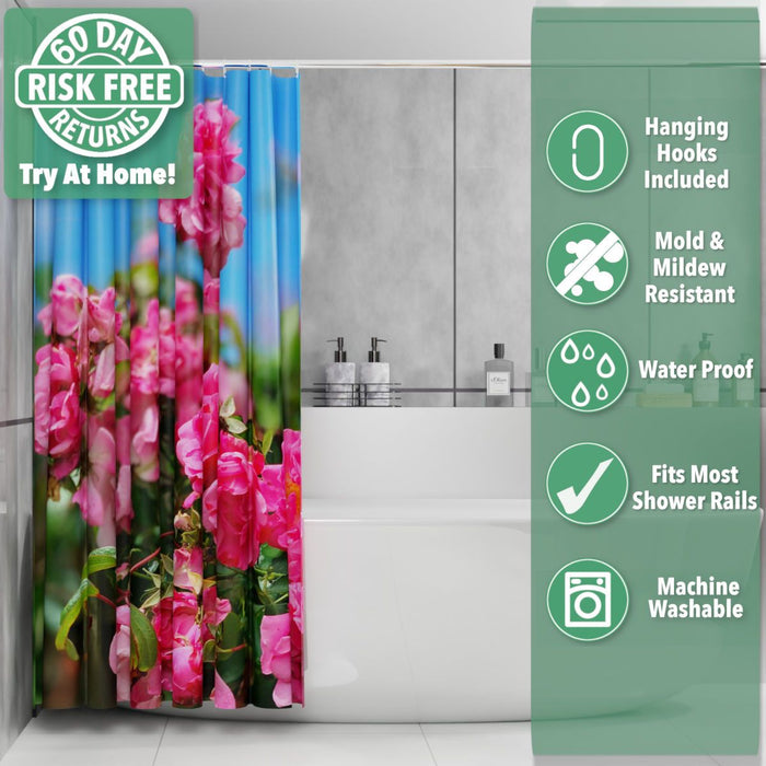 A shower curtain showing an image of pink roses, the curtain is folded back adjacent to a bath, with overlay text describing the curtain
