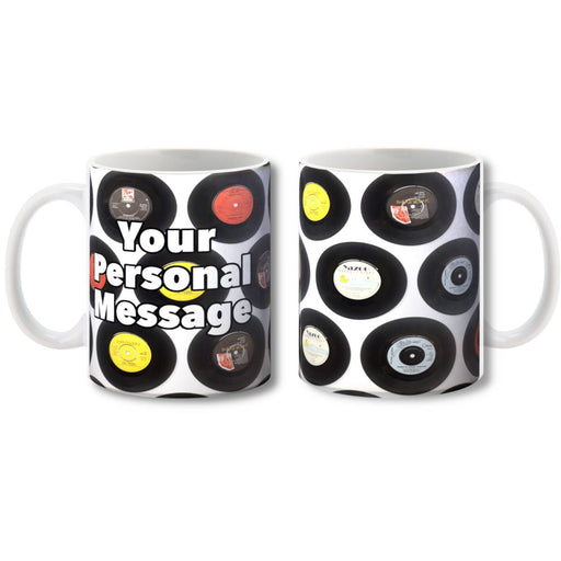 A mug with a pattern of vinyl records on it along with  a personal message