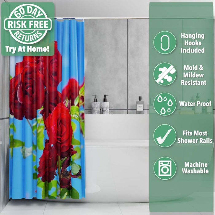 A shower curtain showing an image of red roses, the curtain is folded back adjacent to a bath, with overlay text describing the curtain