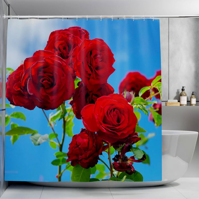 A shower curtain showing an image of red roses, the curtain is pulled open adjacent to a bath
