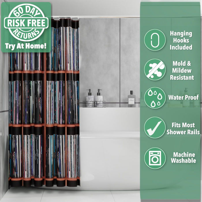 A shower curtain pushed closed showing an image of lots of vinyl records stacked along side each other on shelves, with overlay text describing the shower curtain