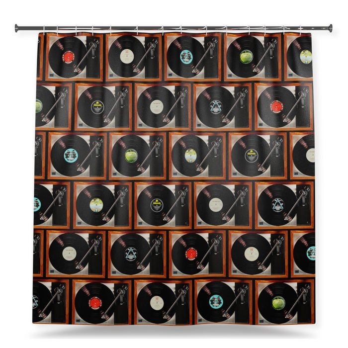 A shower curtain showing an image of a montage of vinyl record players with a white background