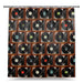 A shower curtain showing an image of a montage of vinyl record players with a white background