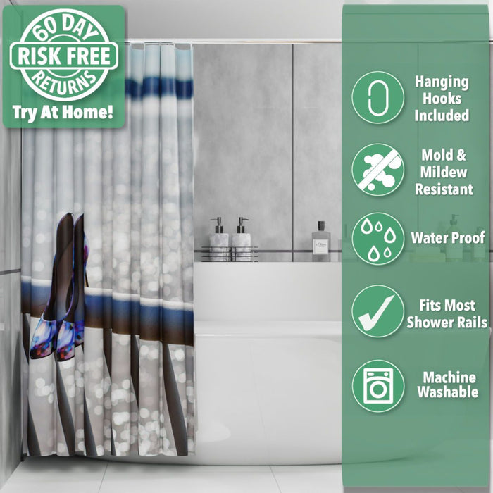 A shower curtain in a bathroom, the shower curtain having an image of a pair of purple high heel shoes hung on metail railings in front of the ocean, the curtain is pushed and folded back towards the wall