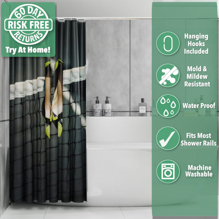 A shower curtain in a bathroom, the curtain having an image of a pair of yellow and black high heel shoes hung over a tennis net on a tennis court, the curtain is pushed and folded back