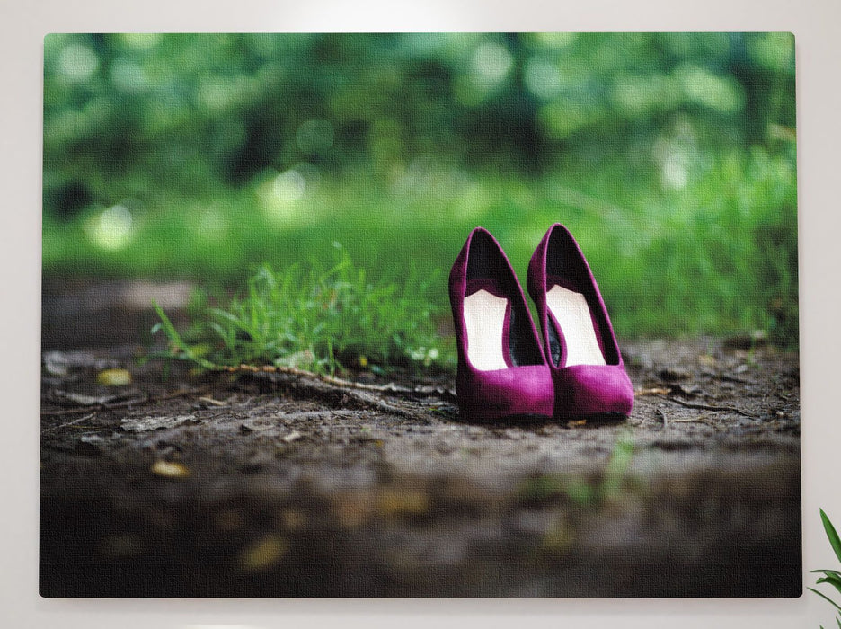 A canvas print of a pair of purple high heel shoes on a path within the woods