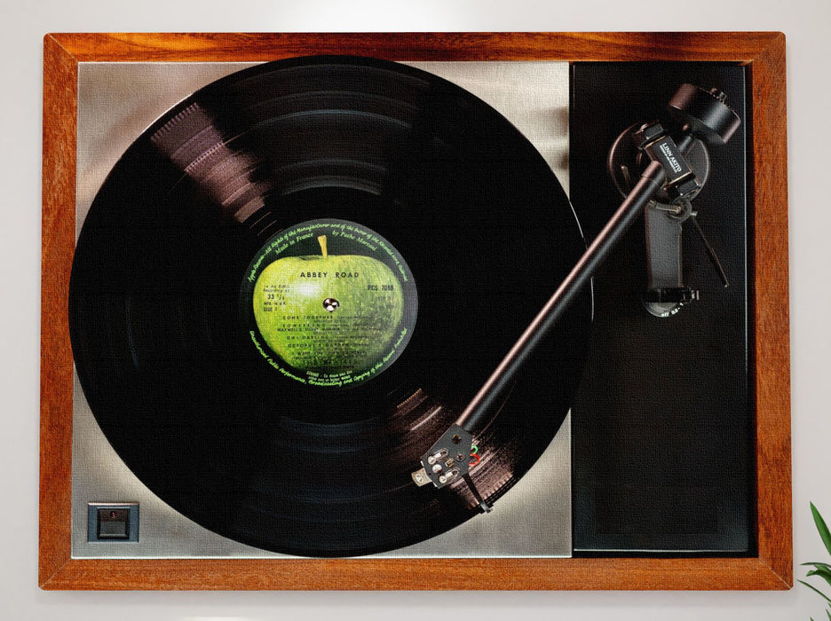 A canvas print of a record player with a vinyl record playin
