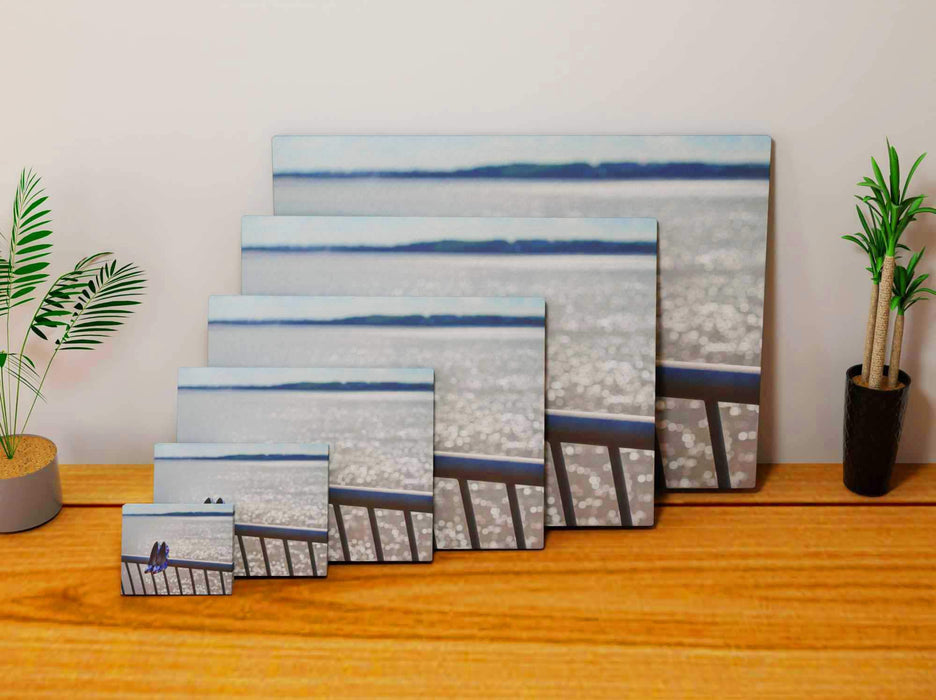 Multiple canvas prints all of different sizes, each a pair of purple shoes sat on a blue metal fence on the shore of an ocean, with the ocean sparkling in the background