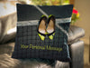 An image of a cushion on a couch, the cushion having a cover showing a pair of yellow high heel shoes hung on a tennis net along with a personal message printed on the cushion