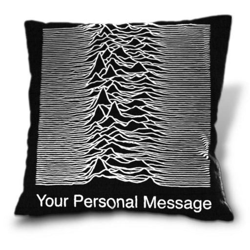A cushion, the cushion being black and having an image of a radio signal as seen on joy divisoins unknown pleasures record cover