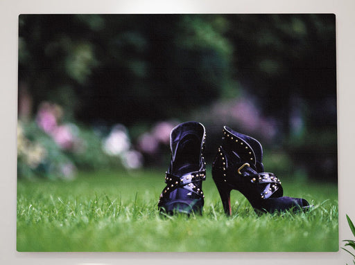 A canvas print of a pair of purple high heel shoes stood on grass