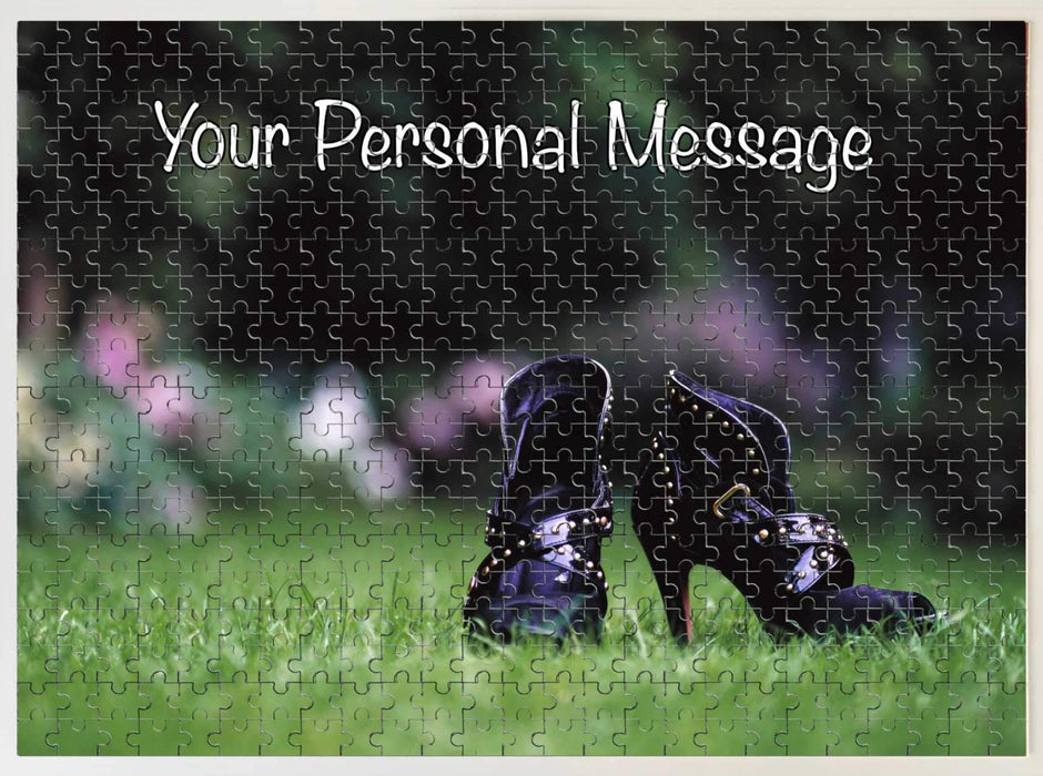 A jigsaw with an image of a pair of purple high heel boots on a garden lawn