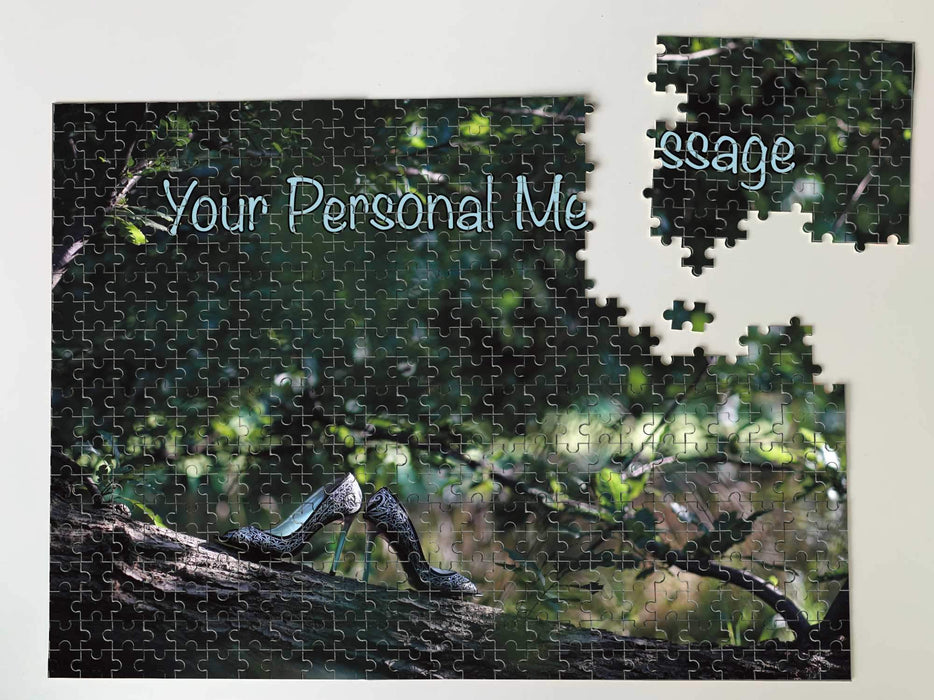 A jigsaw with an image of a pair of shoes on the branch of a tree, in a forest, the jigsaw is partially broken