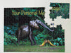 A jigsaw with an image of a pair of yellow shoes next to a garden elephant, both sat on the lawn of a garden, the jigsaw is partially broken