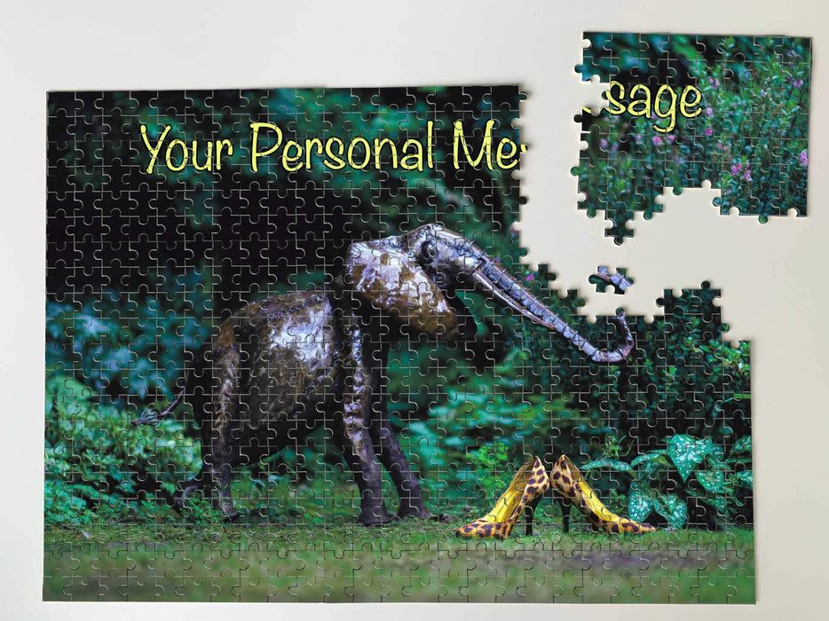A jigsaw with an image of a pair of yellow shoes next to a garden elephant, both sat on the lawn of a garden, the jigsaw is partially broken