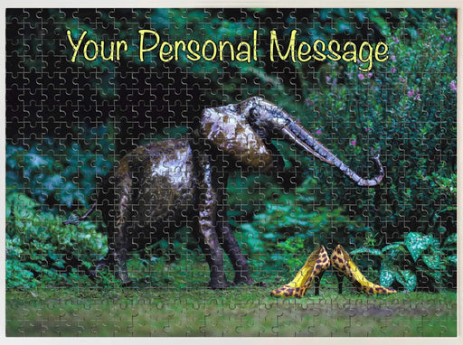 A jigsaw with an image of a pair of yellow shoes next to a garden elephant, both sat on the lawn of a garden
