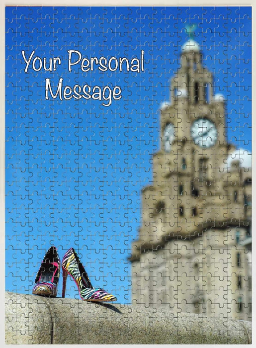 A jigsaw with an image the liverpool liver building with a pair of shoes on a wall in the foreground
