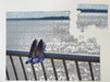 A jigsaw image of a ocean with a pair of high heel shoes hanging on the railings in the foreground, the jigsaw is partially broken