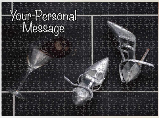 A jigsaw having an image of a spilt cocktail next to a pair of silver high heel shoes, along with a personal message