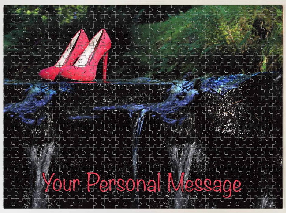 A jigsaw seen from the top, the jigsaw having an image of a pair of pink shoes sitting on a rock within a flowing river a personal message