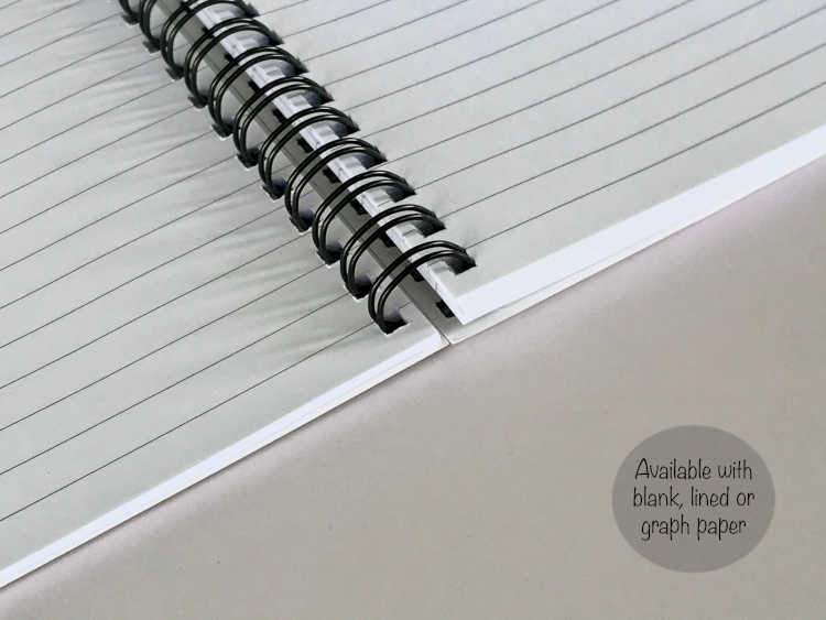 A close up of an open notebook showing lined paper
