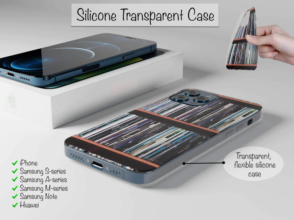 angled view of a mobile phone case with images of vinyl records stacked along a shelf on the case with notes saying it is flexible silicone and supports iPhone, samsung, huawei and Xiaomi