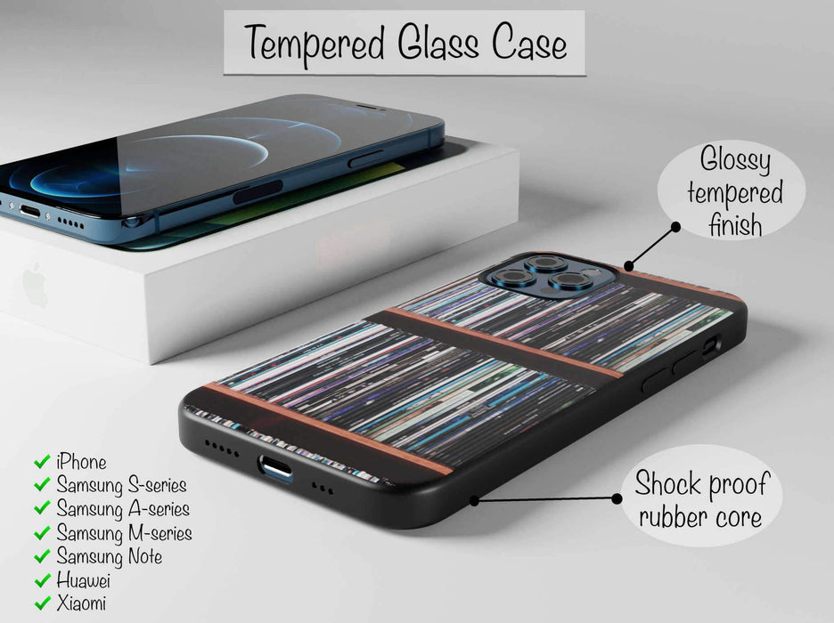angled view of a mobile phone case with images of vinyl records stacked along a shelf on the case with notes saying it is tempered glass and supports iPhone, samsung, huawei and Xiaomi