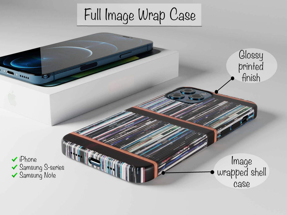 angled view of a mobile phone case with images of vinyl records stacked along a shelf on the case with notes saying the image wrap around the case and supports iPhone, samsung, huawei and Xiaomi