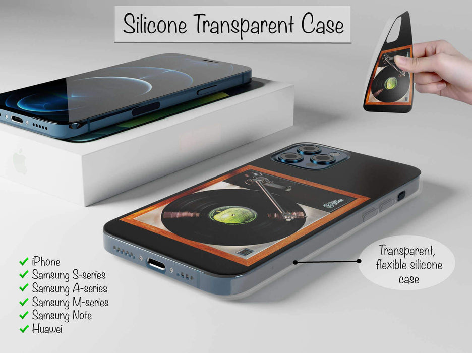 A mobile phone case with a vinyl record player, also a hand bending a second case showing it is flexible, all seen from angled position. There is some text showing that Apple, Samsung, Huawei and Xiaomi available