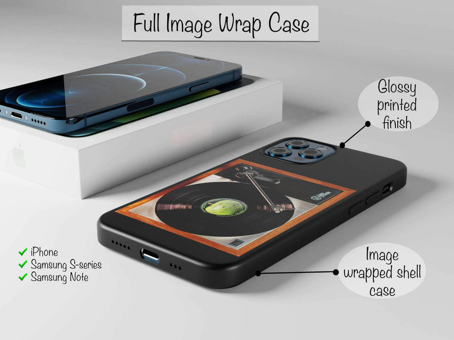 A mobile phone case with a vinyl record player, case shown to have an image which wraps around the sides, all seen from angled position. There is some text showing that Apple, Samsung, Huawei and Xiaomi available