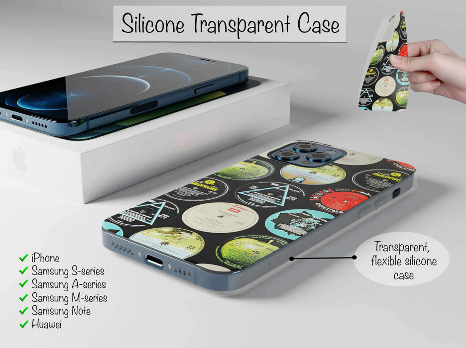 mobile phone cover with vinyl record labels printed in a mosaic pattern, with text indicating it is a flexible silicone case available for iphone, samsung, huawei, xiaomi