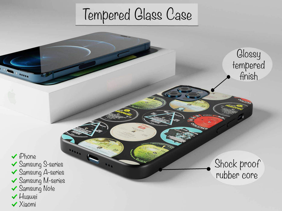 mobile phone cover with vinyl record labels printed in a mosaic pattern, along with a personal message, with text indicating it is a tempered glass case available for iphone, samsung, huawei, xiaomi